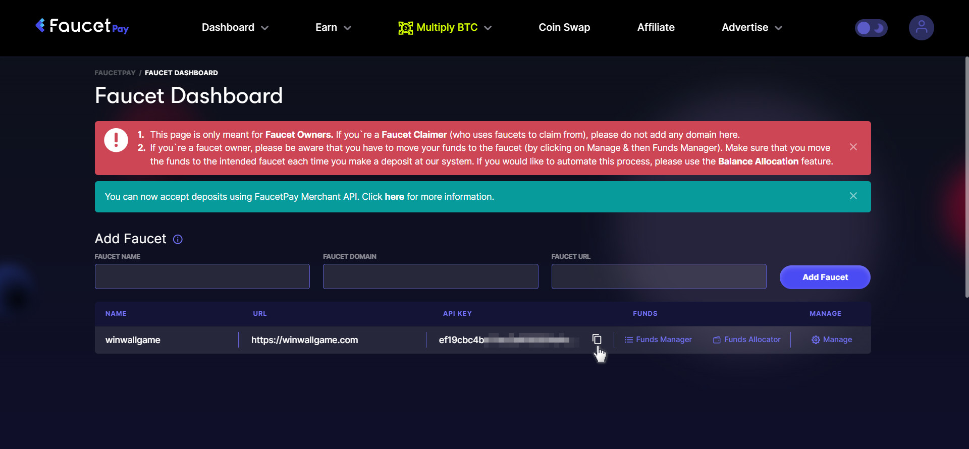 Copy FaucetPay API Key