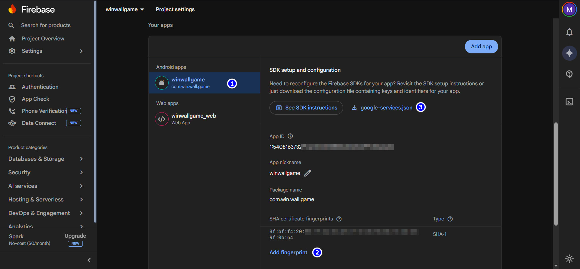 Firebase Project Settings - Android app SHA and google-services.json