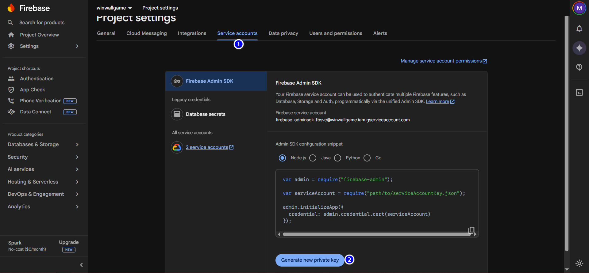 Firebase Service Accounts - Generate Private Key
