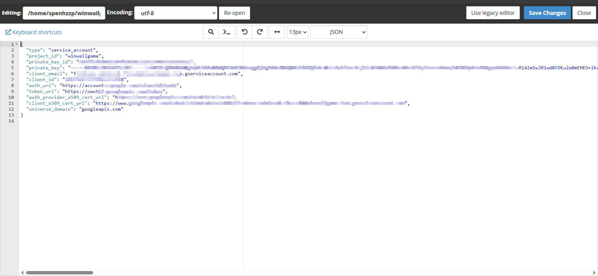 Viewing private_key.json contents in cPanel editor
