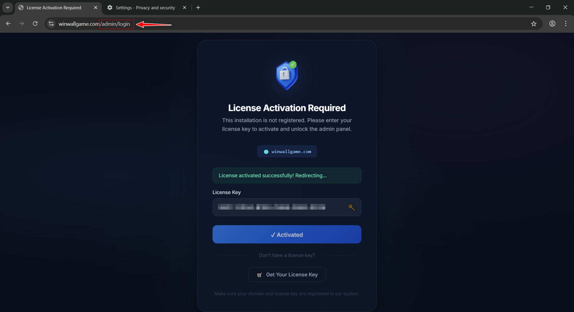 License activated successfully - Redirecting to admin